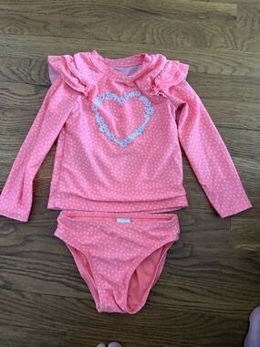 Kids Long Sleeve Pink Polka Dot Swim Set with Heart Detail 3T